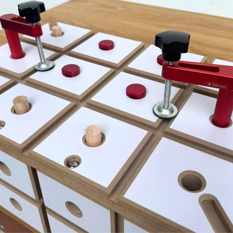 Heavy Duty Dovetail Clamping Board For Woodworking 12 X 18 Inch Benchtop With Dual Track System And Standard Dog Holes, showing red clamps on white surface.