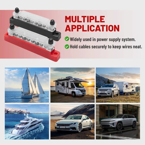 Heavy Duty 150A 12V Bus Bar With Cover, Dual Terminal Block For Car Boat Marine Solar Systems, 4 M6 Studs And 6 M4 Studs, 48V DC Ready, Keeps Wiring Clean And Safe, Black And Red, with cover