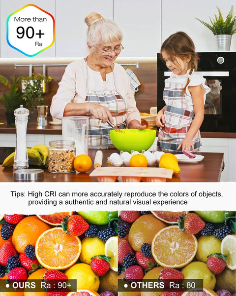 Woman and girl cooking, comparing fruit colors under different CRI lighting, demonstrating high CRI benefits in kitchen.