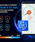 Heavy Duty Level 2 EV Charger With Smart App Control adjustable current display from 6 to 40A with charging time estimates.