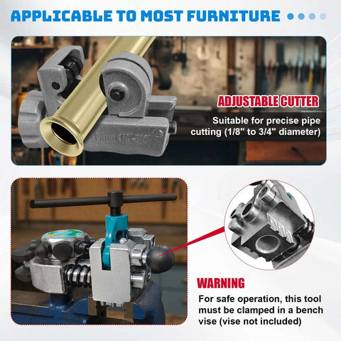 Pro Grade Brake Line Flaring Tool Kit for automotive tubing with adjustable cutter in use, suitable for 1/8 to 3/4 inch diameter pipe.