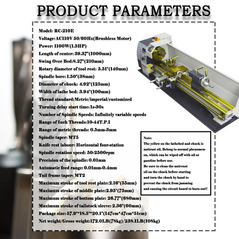 Product parameters for Badass 8X39 Inch Metal Bench Lathe With 1100W Brushless Motor, showcasing specifications and features.