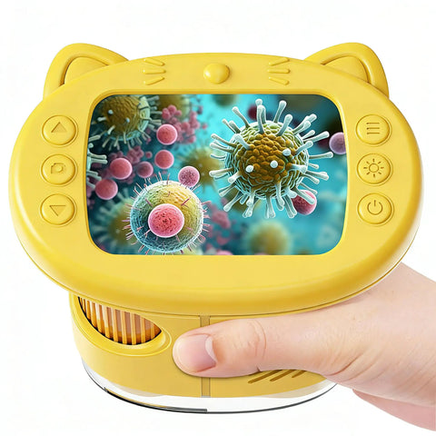 Yellow Handheld Digital Microscope For Kids With 2 Inch IPS Screen Up To 1000X Magnification showing cells on screen