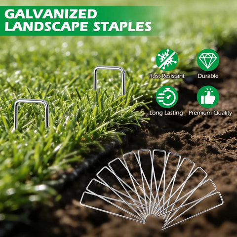100 Pack Landscape Staples And 100 Pack Gaskets 12 Inch 11 Gauge Galvanized Steel Garden Staples With Black Pads Turf Staples For Weed Barrier Grass Pro shown on turf with features listed.