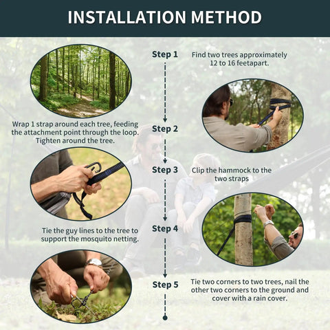 Installation steps for Camping Hammock With Mosquito Net For Outdoor Travel Portable Lightweight Parachute Nylon Hammock