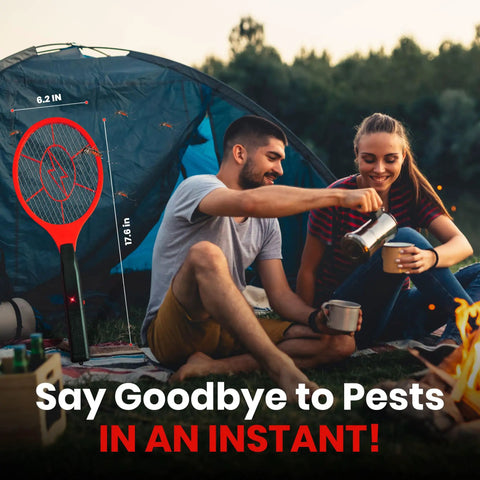 Electric Bug Zapper Swatter 2 Pack, 3000V Grid Racket With Safety Mesh next to a couple camping with tent in background.