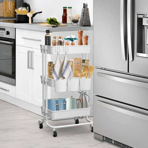 Rolling 3 Tier Storage Cart With Mobility And 3 ABS Baskets, Built To Last Powder Coated Steel Frame, 40 L Each, On Wheels, Perfect For Kitchen Office Toys And More, White Finish in a kitchen.
