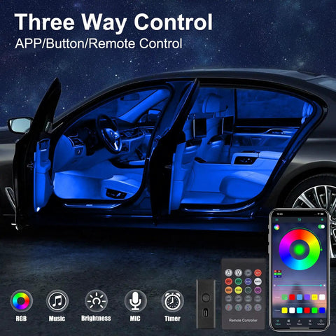 Interior Car LED Strip Lights With Wireless App And Remote Control RGB 2 In 1 Ambient Lighting Kit, car interior in blue