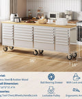 96 Inch Rolling Tool Chest With 24 Drawers And Solid Rubberwood Top, Locking Wheels And Key Lock in a kitchen setting