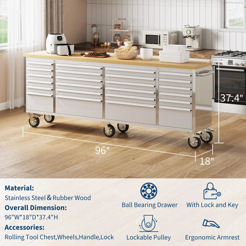 Beefy Heavy Duty 96 Inch Steel Rolling Tool Chest And Mobile Workbench With 24 Full Extension Drawers and Rubber Wood Top