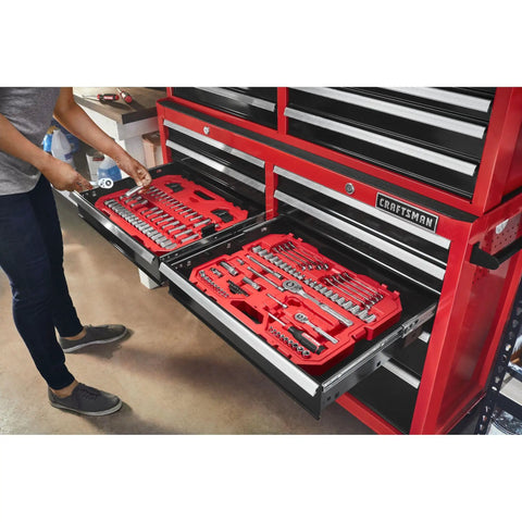 Kickin 135 Piece Mechanic Tool Set With Low Profile Ratchet And Hella Smooth 72 Tooth Swing in a garage tool cabinet.