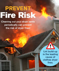 Image showing a house fire with text on preventing dryer fires using a 40 Foot Dryer Vent Cleaner Kit Pro Grade Lint Remover.