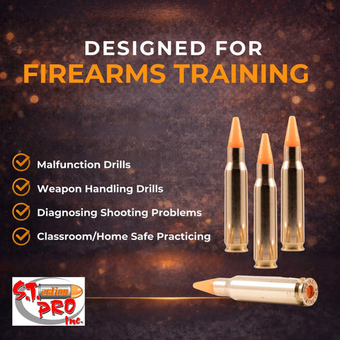 Orange Safety Trainer Dummy Rounds For Dry Fire Practice Ammunition 308 Cal Brass Cased Reusable 5 Pack standing upright
