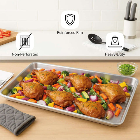 Beefy Heavy Duty Aluminum Full Size Sheet Pan 26 By 18 Inch with roasted chicken and vegetables in kitchen setting