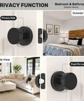 Matte Black Privacy Door Knob With Lock, Built To Last Heavy Duty Round Vintage Interior Door Handle For Bedroom And Bathroom, Fits Standard Doors 1 3 8 To 1 3 4 Inches with side and installed views in modern interiors.