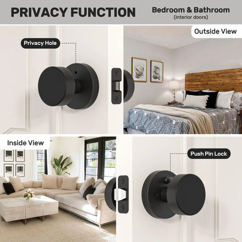 Matte Black Privacy Door Knob With Lock, Built To Last Heavy Duty Round Vintage Interior Door Handle For Bedroom And Bathroom, Fits Standard Doors 1 3 8 To 1 3 4 Inches with side and installed views in modern interiors.