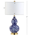 27 Inch Blue White Ceramic Chinoiserie Table Lamp With Floral Double Gourd Vase Design, White Linen Drum Shade, Brass Gold Base, LED Bulb Included.