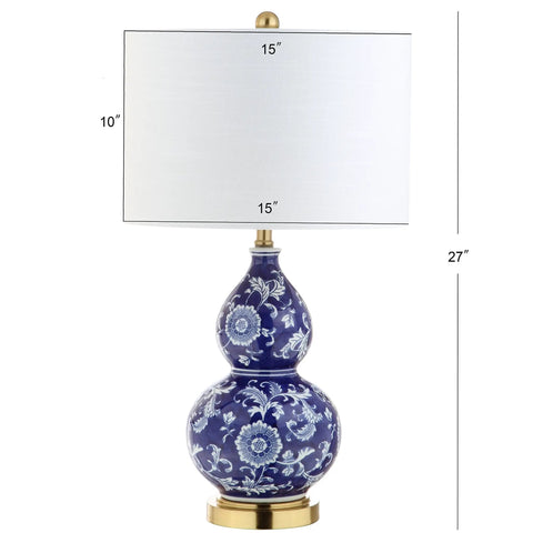 27 Inch Blue White Ceramic Chinoiserie Table Lamp With Floral Double Gourd Vase Design, White Linen Drum Shade, Brass Gold Base, LED Bulb Included.