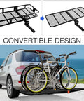 Foldable Hitch Mount Cargo Carrier Basket displayed with bicycles attached to the back of an SUV, convertible design.
