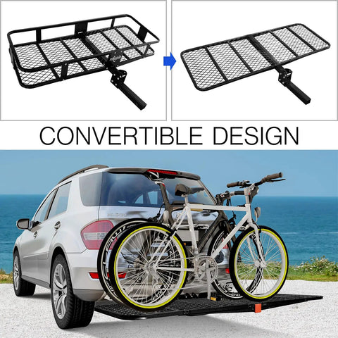 Foldable Hitch Mount Cargo Carrier Basket displayed with bicycles attached to the back of an SUV, convertible design.