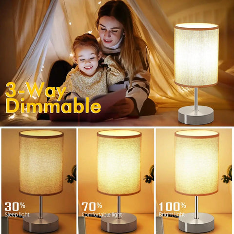 Tap To Dim 3 Way Bedside Table Lamp With Grey Fabric Shade, showing three brightness levels, ideal for cozy bedroom, includes 4W bulb.