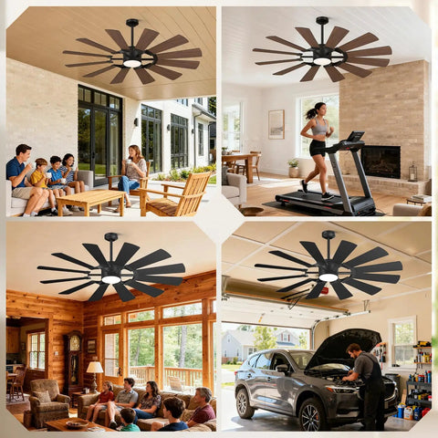 72 Inch Farmhouse Ceiling Fan With Light, Industrial Dual Finish Black And Walnut Blades, 3 Downrods, 6 Speed Reversible DC Motor