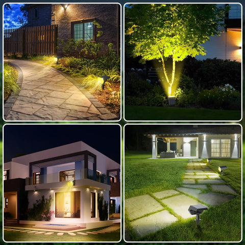 Collage of upgraded outdoor solar lights IP65 waterproof 92 LED spotlights illuminating pathways and gardens at night.
