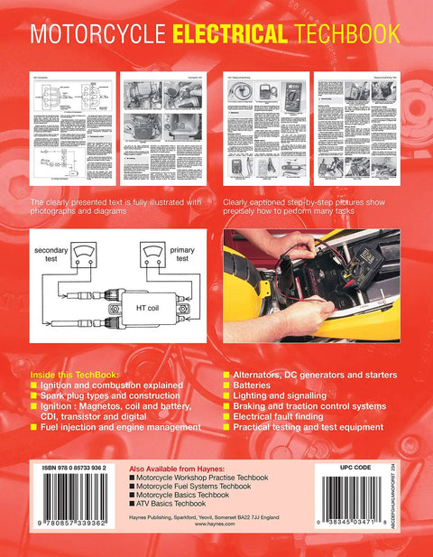 Motorcycle Electrical Techbook back cover with motorcycle fuel systems guide title, diagrams, and repair photos
