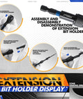 Assembly and disassembly steps of extension bit holder for woodworking, showing push, release, and fit actions.