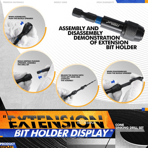 Assembly and disassembly steps of extension bit holder for woodworking, showing push, release, and fit actions.