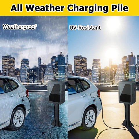 Kickass Heavy Duty EV Charger Pedestal Built Like A Tank All Weather Electric Vehicle Charging Station in rain and sun, showing weatherproof features.