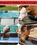 Premium Water Trough Float Valve With Automatic Water Level Control For Stock Tanks Poultry Coops And Livestock Waterers in use with cattle, ducks, chickens, and horses.
