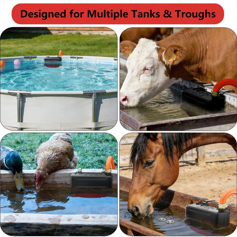 Premium Water Trough Float Valve With Automatic Water Level Control For Stock Tanks Poultry Coops And Livestock Waterers in use with cattle, ducks, chickens, and horses.