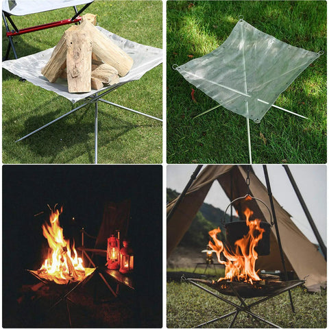 Ultra Portable 22 Inch Outdoor Fire Pit Collapsible and Foldable Mesh Design for Camping Campfire Patio Backyard and Garden shown set up and in use with wood and flame