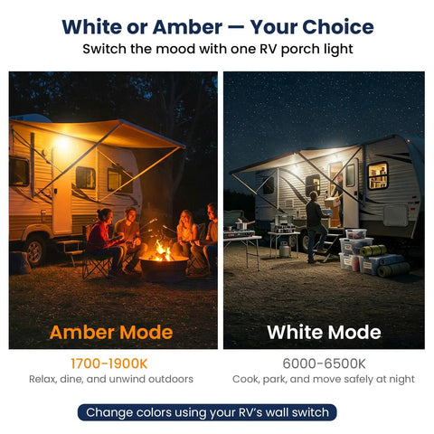 Aluminum RV Porch Light With Dual Color White And Amber, 1400 Lumen Outdoor Lamp for Campers, Trailers, and Motorhomes in use