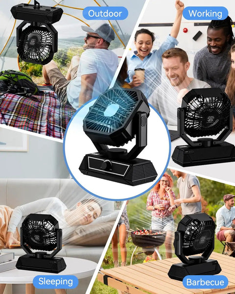 Rechargeable Portable Fan With 20000mAh Battery, USB C Powered, LED Lantern Included in various outdoor and indoor settings.