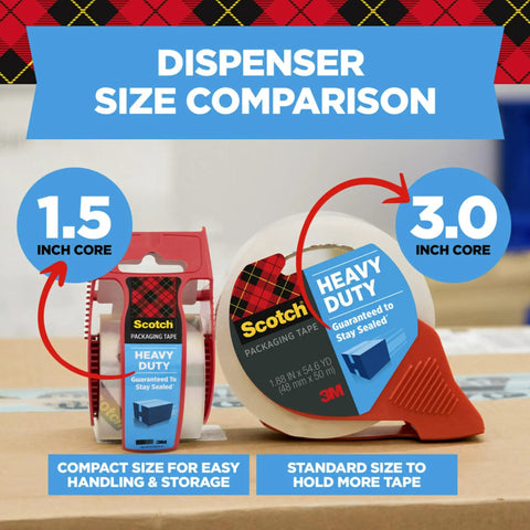 Dispenser size comparison of 1.5 inch core and 3.0 inch core for Heavy Duty Packing Tape With Dispenser 1.88 X 54.6 Yd Clear Tape.