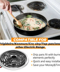 Electric Stove Burner Drip Pan Set fits Frigidaire and Kenmore electric ranges, in use on stovetop with dish