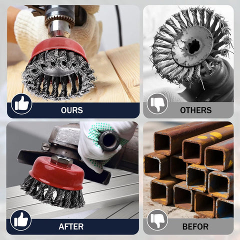 MIKILIKIEN 3-pack wire wheel brushes for 4-inch angle grinder, 5/8in arbor, carbon steel wires; installed view