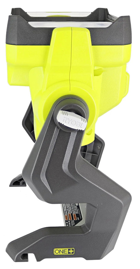 One Plus 1800 Lumen 18V Hybrid LED Work Light with flat standing base, side view showing mounting options.