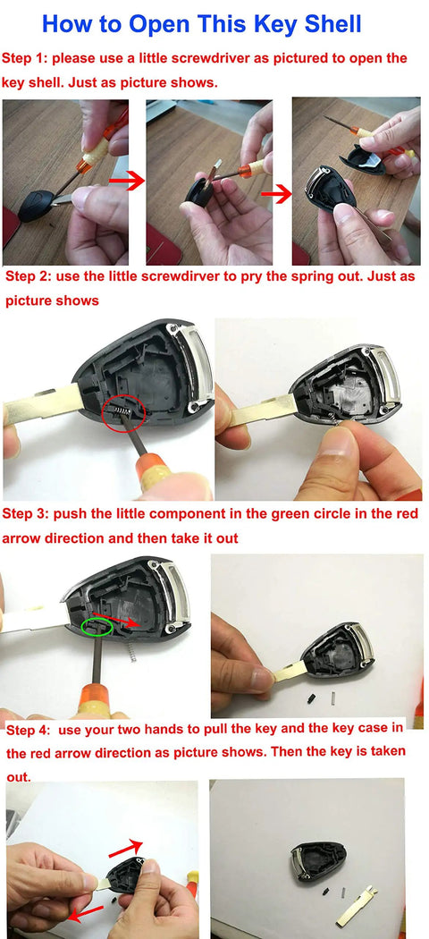 Step-by-step guide for opening Porsche Key Fob Cover Case Replacement 3 Button Shell Fits 911 Cayman Boxster Carrera GT Remote Key Fob.