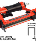 Red Lightweight Upholstery Staple Gun Kit with 22 Gauge Three Eighths Inch Crown Air Stapler and Integrated Magazine