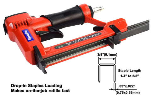 Red Lightweight Upholstery Staple Gun Kit with 22 Gauge Three Eighths Inch Crown Air Stapler and Integrated Magazine