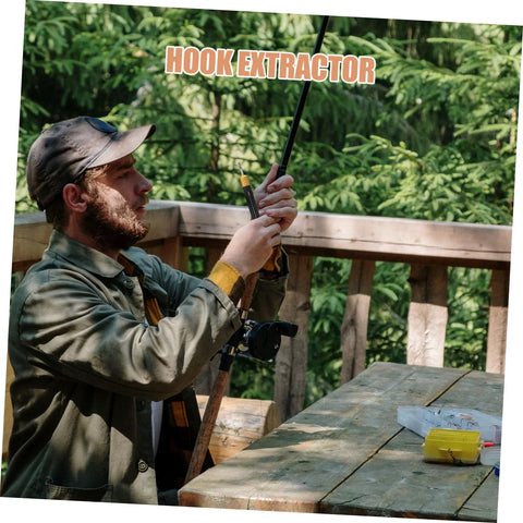 Stainless steel fishing detacher tool held by a man on a wooden deck; tackle box visible