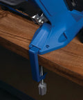 Heavy Duty Steel Pocket Hole Jig Clamp For Woodshop Workbench Compatible With 500 And 700 Series Models secured on a wooden workbench.