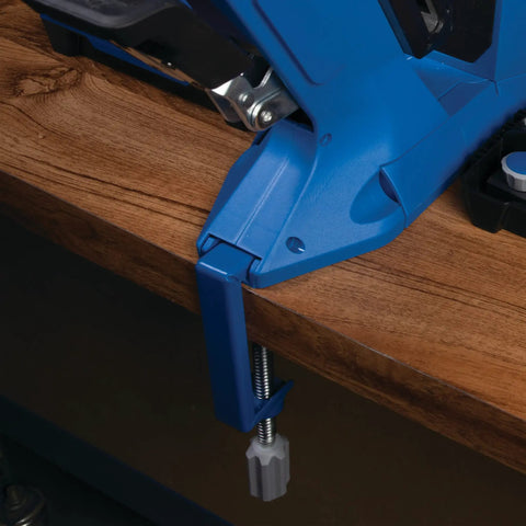 Heavy Duty Steel Pocket Hole Jig Clamp For Woodshop Workbench Compatible With 500 And 700 Series Models secured on a wooden workbench.