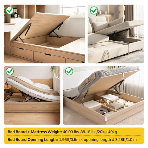 Rugged Steel Bed Lift Mechanism For RV Sofas And Tatami Bunks Got You Cover Rock Solid 48 Pound Capacity Easy Peasy Install Complete Kit With Heavy Duty Hardware showing various angles and uses in modern settings.