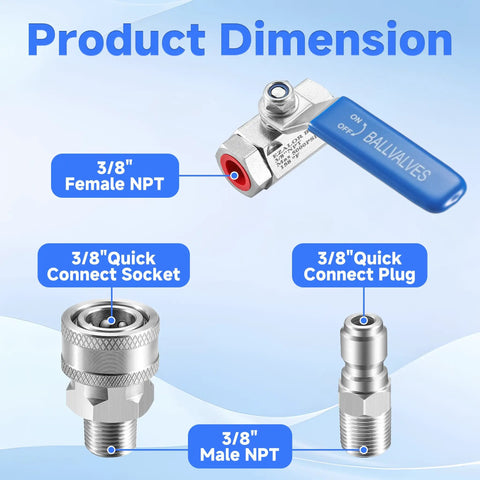 Beefed-Up 3/8 Inch Quick Connect Shut Off Ball Valve For Pressure Washer Hose Stainless Steel 5000 PSI dimensions
