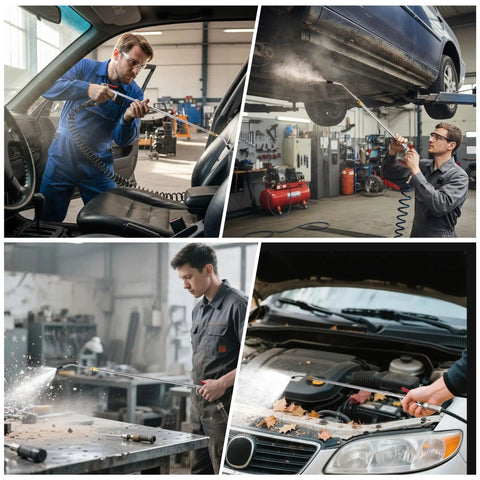 Slick Retractable Air Blow Gun With Telescoping Extension Wand And Adjustable Trigger Valve used for cleaning debris in car interiors and engines.