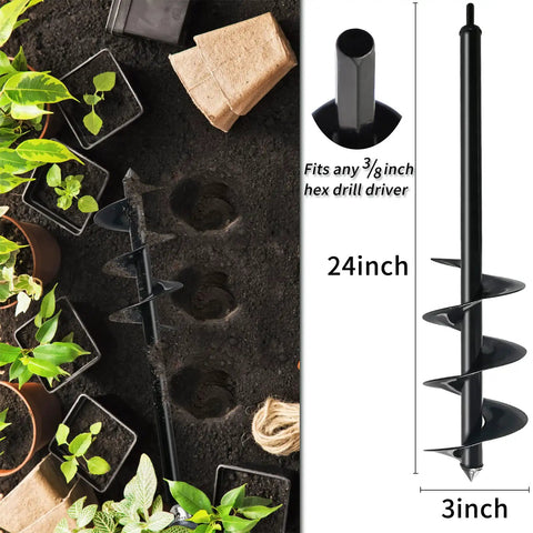 Long Handle Garden Auger Drill Bit Set For Planting 3x24 Inches easy planter auger in soil with garden plants and packaging
